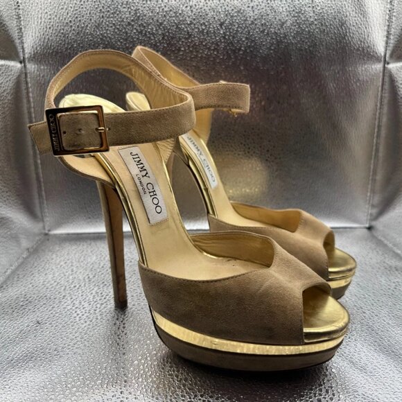Size‎ - 40 Jimmy Choo Brown Womens Peep Toe Suede Ankle Strap Mules High Heel - Picture 1 of 9